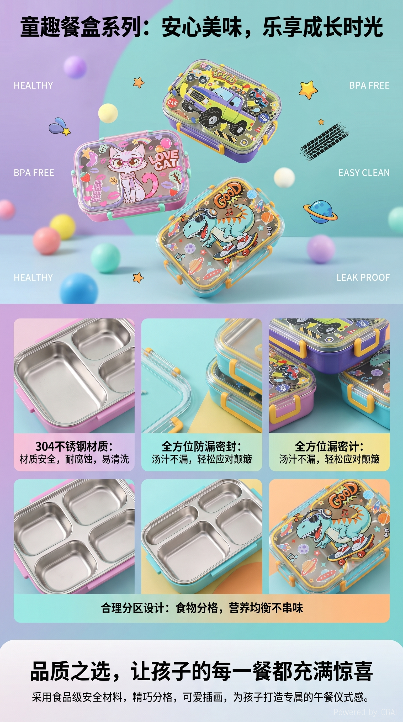 A two-compartment sealed cartoon square lunch box with two or three compartments, a student lunch box for going out, a large-capacity food storage box with a soup spoon pic 1
