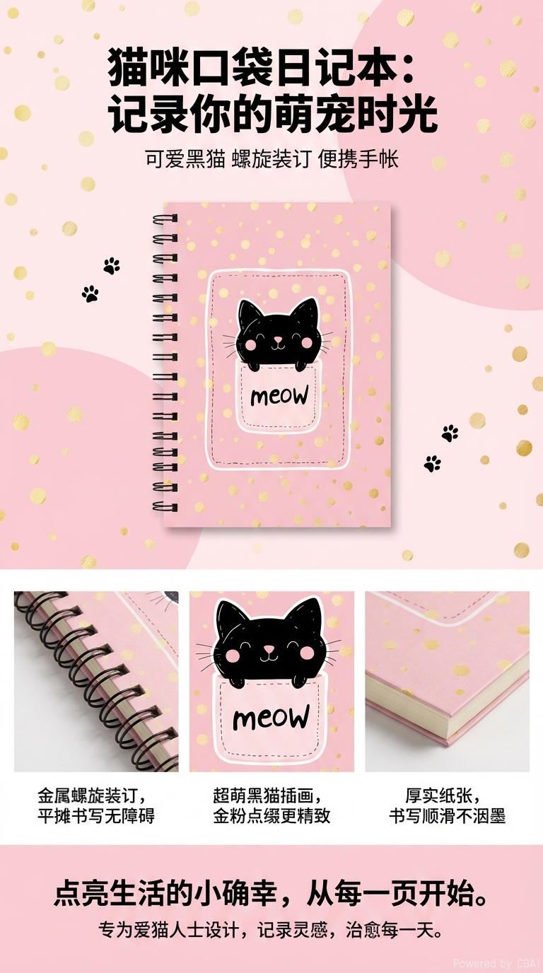 Donghu Paper Products A5 Pink Gold polka Dot Pocket Black Cat Coil Notebook Meow Cute girlish Heart Notebook, Student portable Notepad, planner pic 1