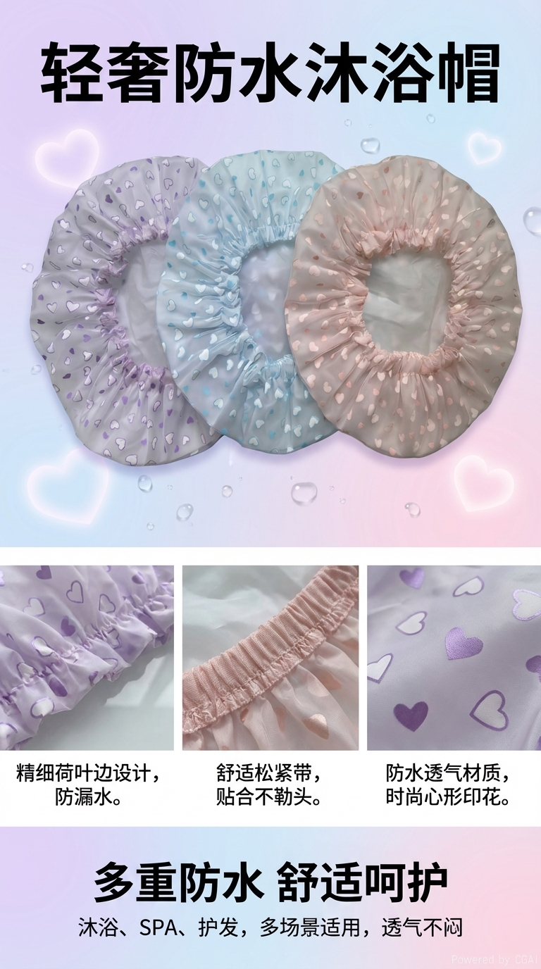 爱心董丝双层浴帽心形图案睡帽浴帽透气舒适居家款详情1