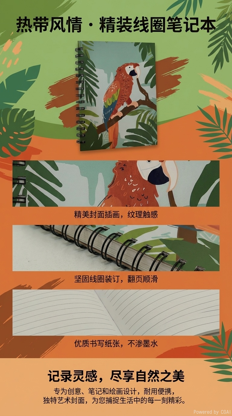 Donghu Paper Products A5 Tropical Rainforest Macaw Coil Notebook Exotic Animal Illustration Portable Diary pic 1