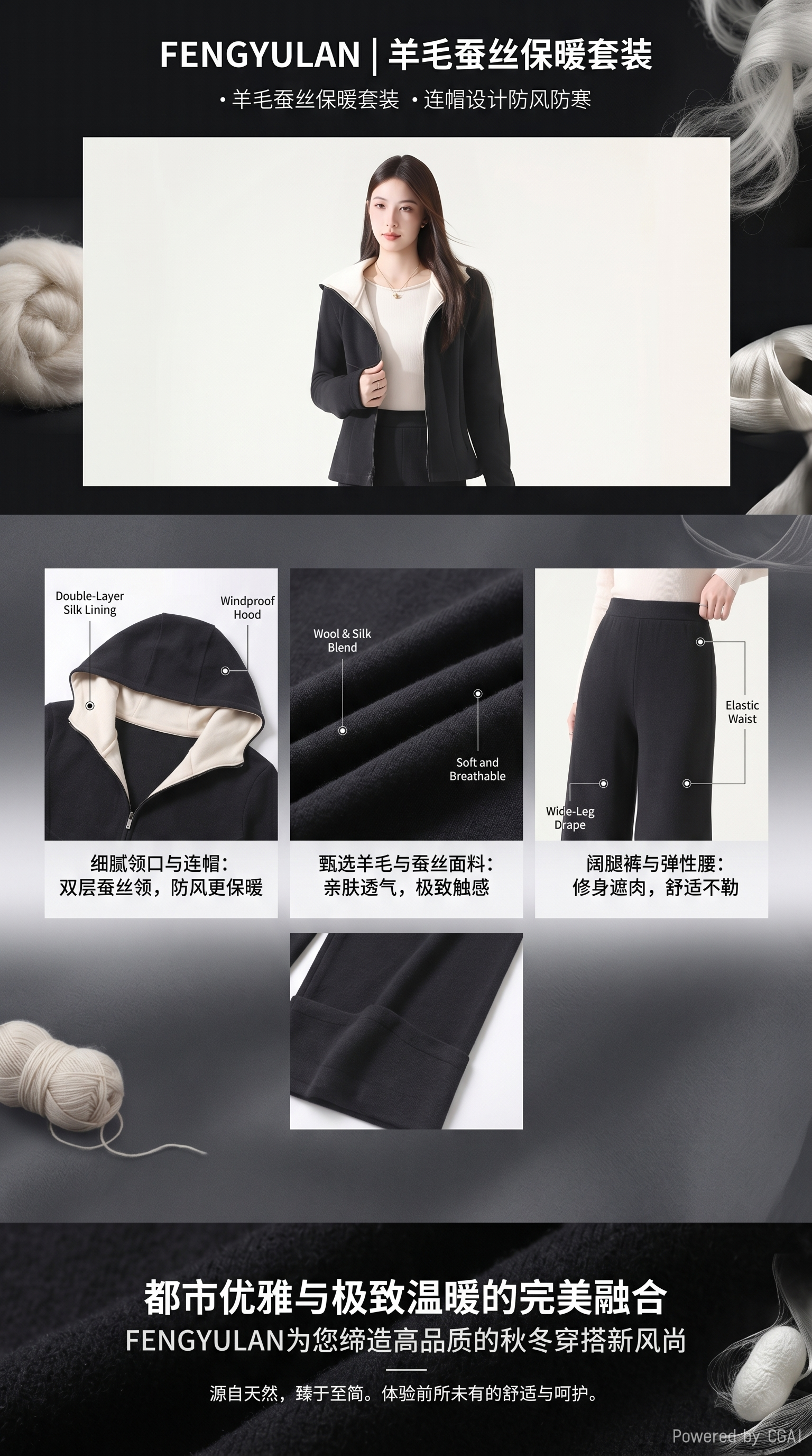 黑色羊毛蚕丝保暖套装女内衣保暖内衣套装加模特保暖女士保暖详情1