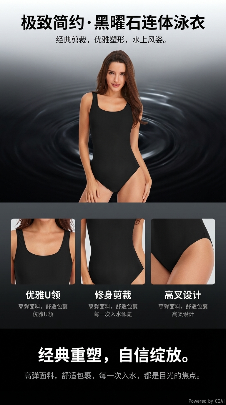 zoke泳衣女黑色连体背心泳装温泉泳衣修身显瘦详情1