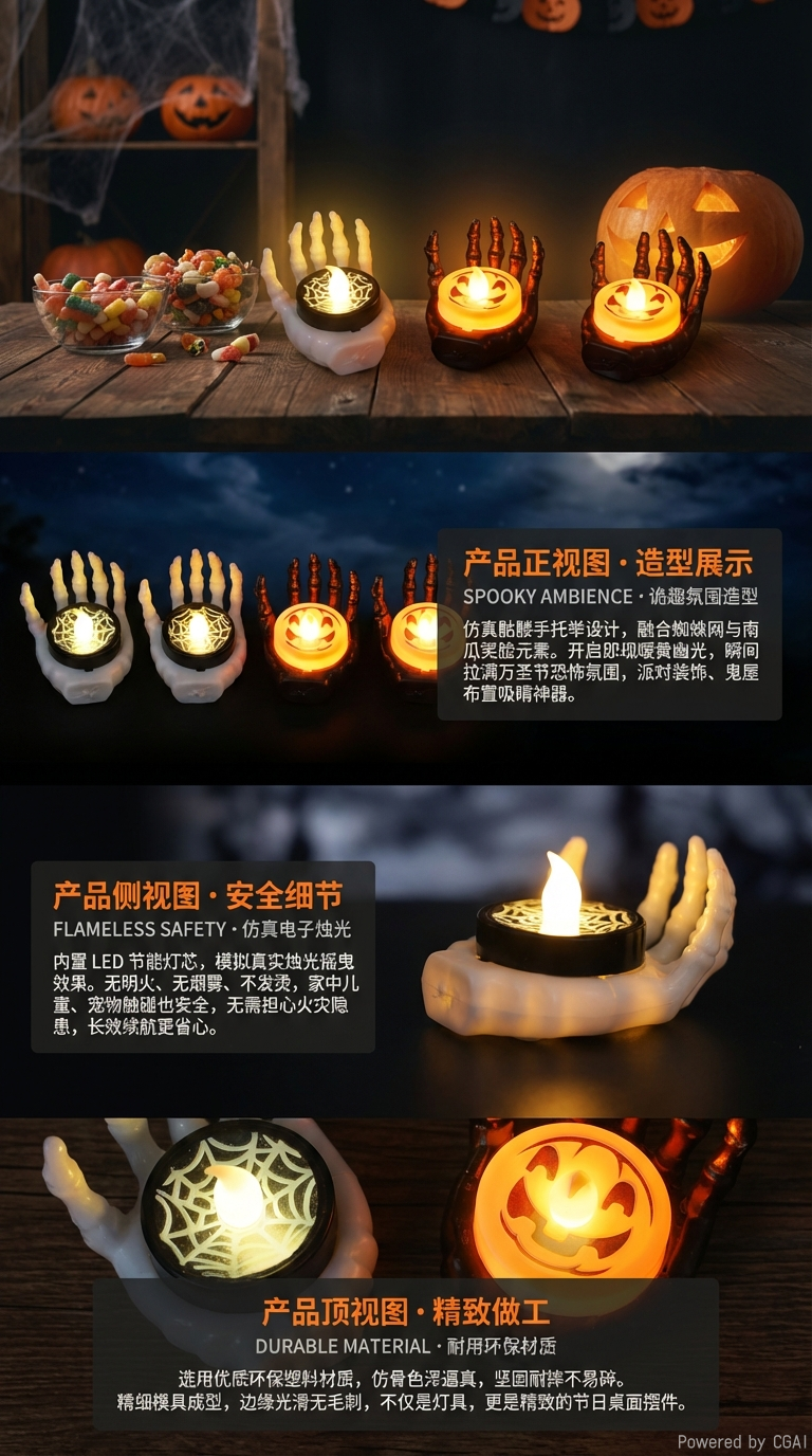 万圣节小夜灯LED电子发光鬼节装饰手掌托蜡烛灯详情2