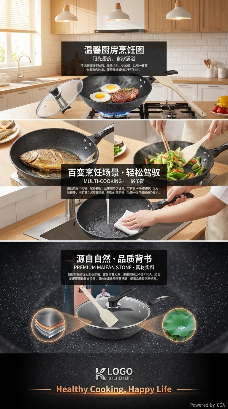 韩国麦饭石不粘锅家用明火燃气灶具通用不粘锅具无油烟平底煎锅详情3
