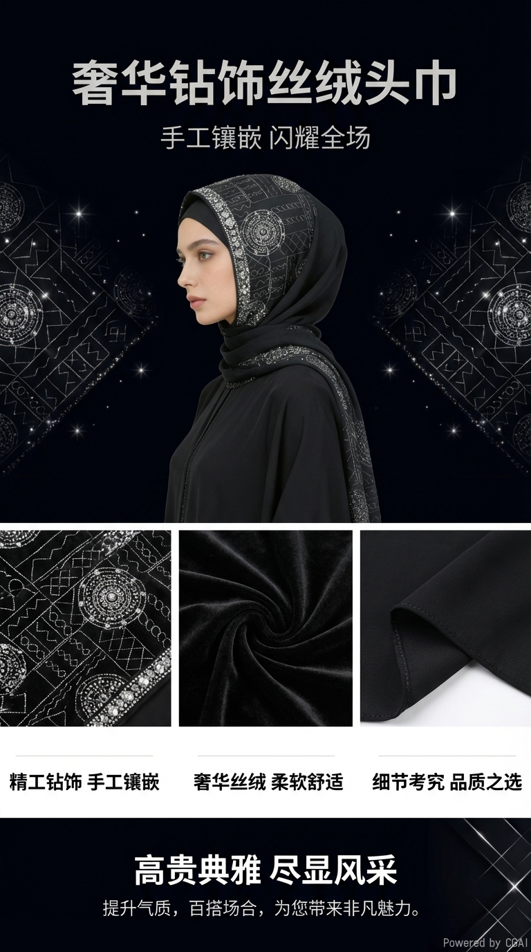 Black diamond-encrusted headscarf, fishing thread bead chain, Hello Kitty Muslim accessory pic 1