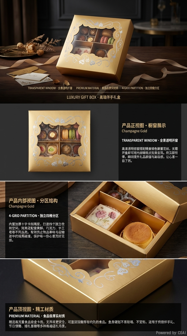 金色礼盒伴手礼包装盒精美礼品盒礼盒包装盒四格开窗盒详情2