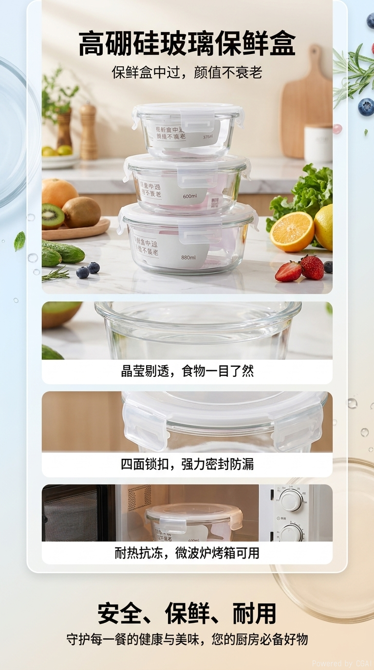 圆形透明白圈玻璃保鲜盒三件套保鲜碗套装详情1