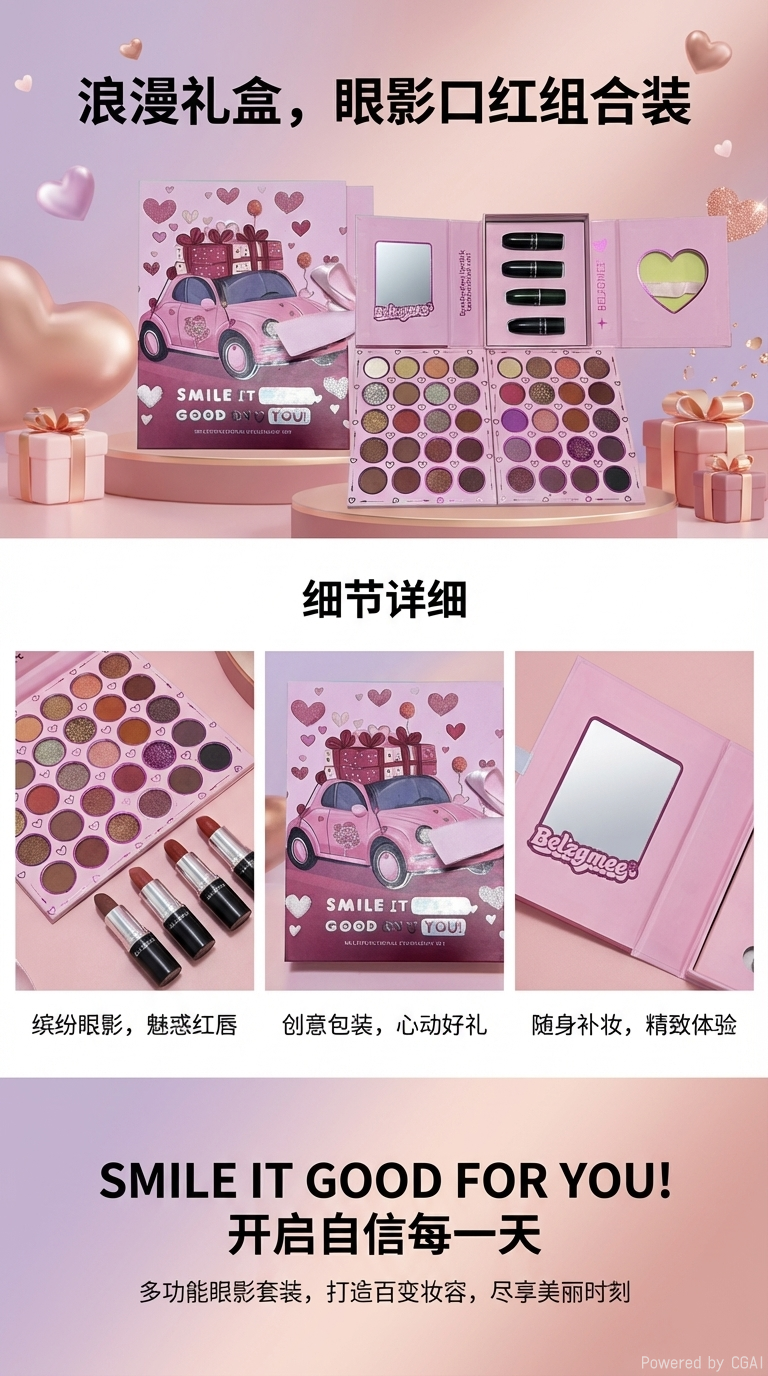 BELZGMEE multi-functional eyeshadow Gift Box, with pink packaging, includes an eyeshadow palette and lipstick, a new fashion and beauty product. pic 1