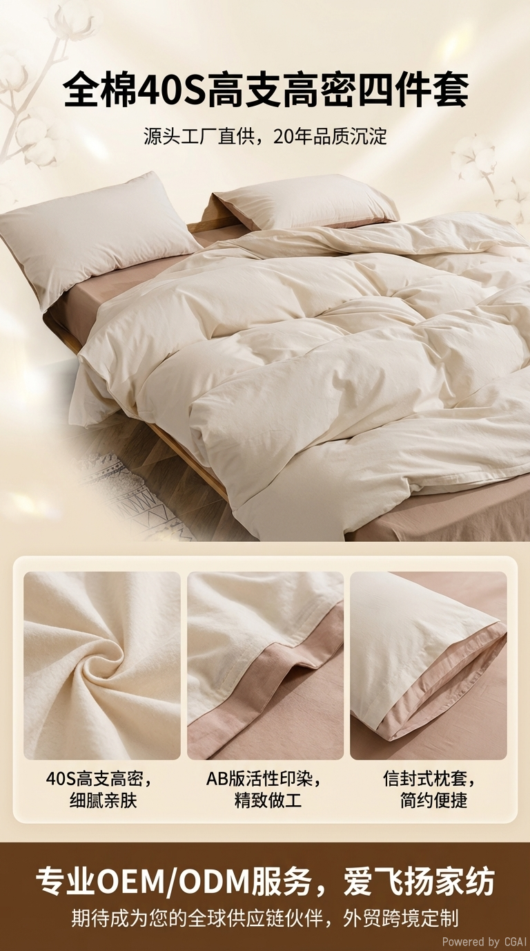 厂家直销水洗全棉四件套简约民宿床上用品家纺纯棉被套床笠三件套详情1