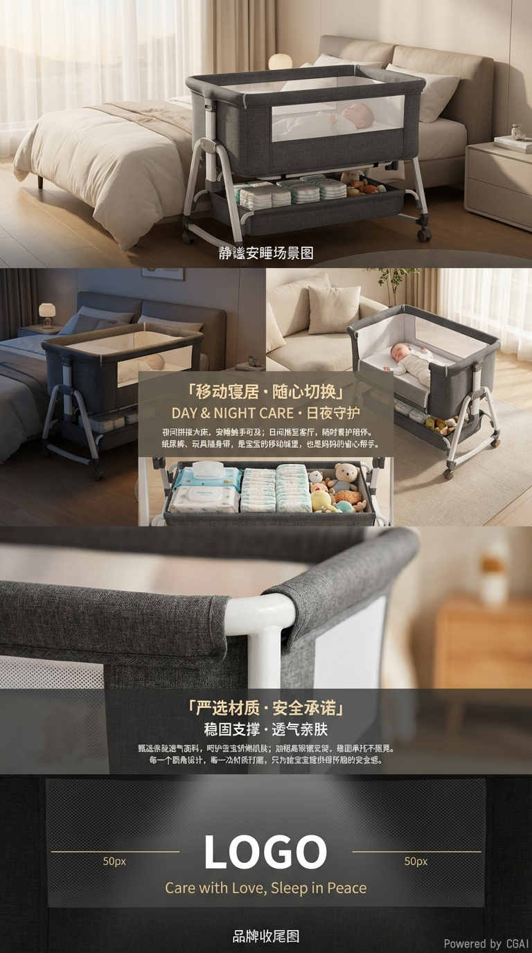 Junzai grey fabric baby cribs, children's beds, mosquito nets, mosquito repellent covers, baby sleep products are soft, breathable, safe and comfortable pic 3