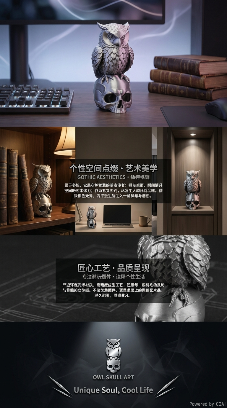 复古猫头鹰骷髅头雕塑黄铜元宝烛台财库符3D打印摆件工艺品详情3