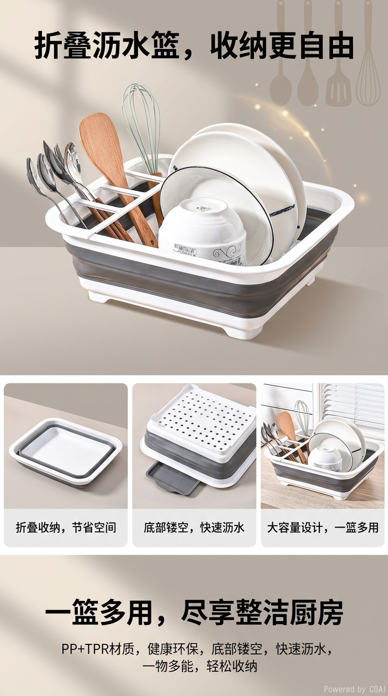 外贸出口多功能创意折叠多功能碗碟架长方形厨房碗筷折叠沥水碗架详情1