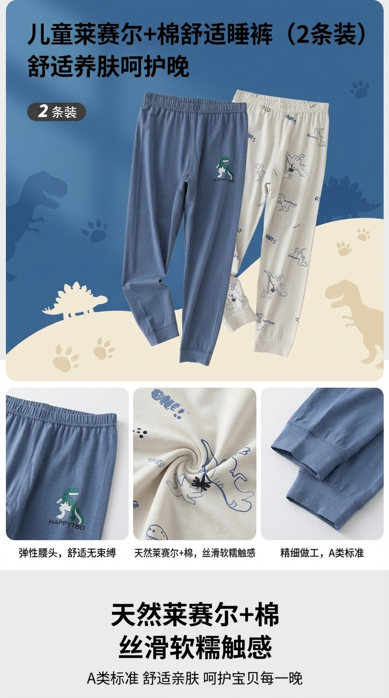 童家居服2条装睡衣拉架棉宝宝儿童莫代尔棉长裤蓝色恐龙白色卡通分体婴幼儿衣服详情1