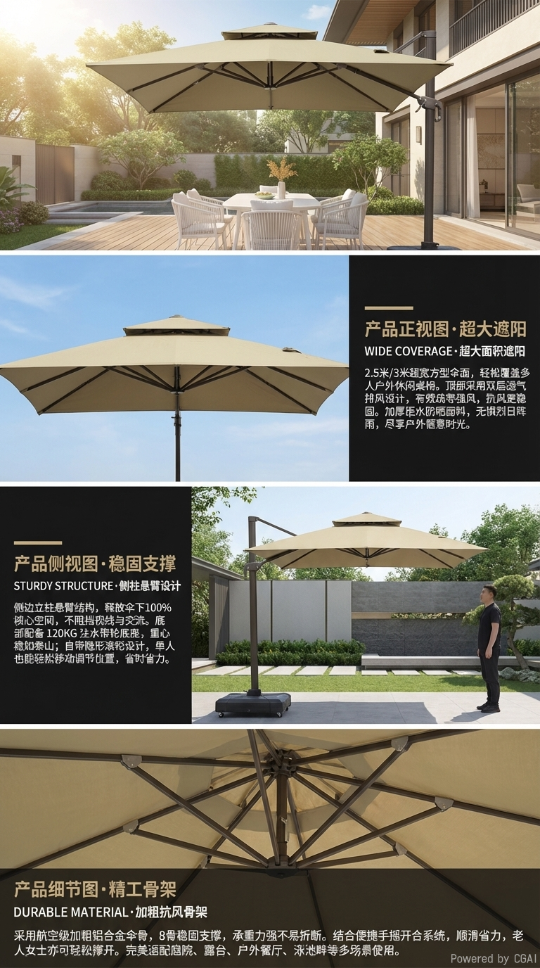 星辰工厂户外遮阳伞庭院罗马伞花园防雨大伞室外保安亭摆摊四方伞详情2
