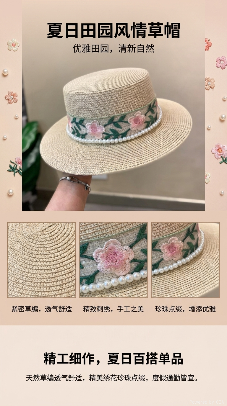 New flat top straw hat for ladies, pearl colorful lace bow ribbon straw hat, beach hat, pearl sun protection hat, sun hat, seaside vacation, travel, daily outdoor leisure urban style pic 1