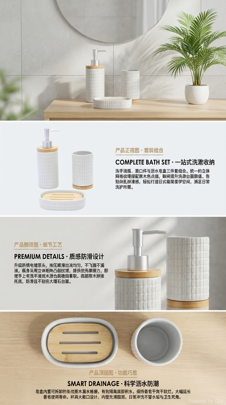 SHARONHOME多色格纹陶瓷卫浴三件套 竹底洗手液瓶 + 漱口杯 + 沥水皂碟 现代风浴室洗漱套装详情2