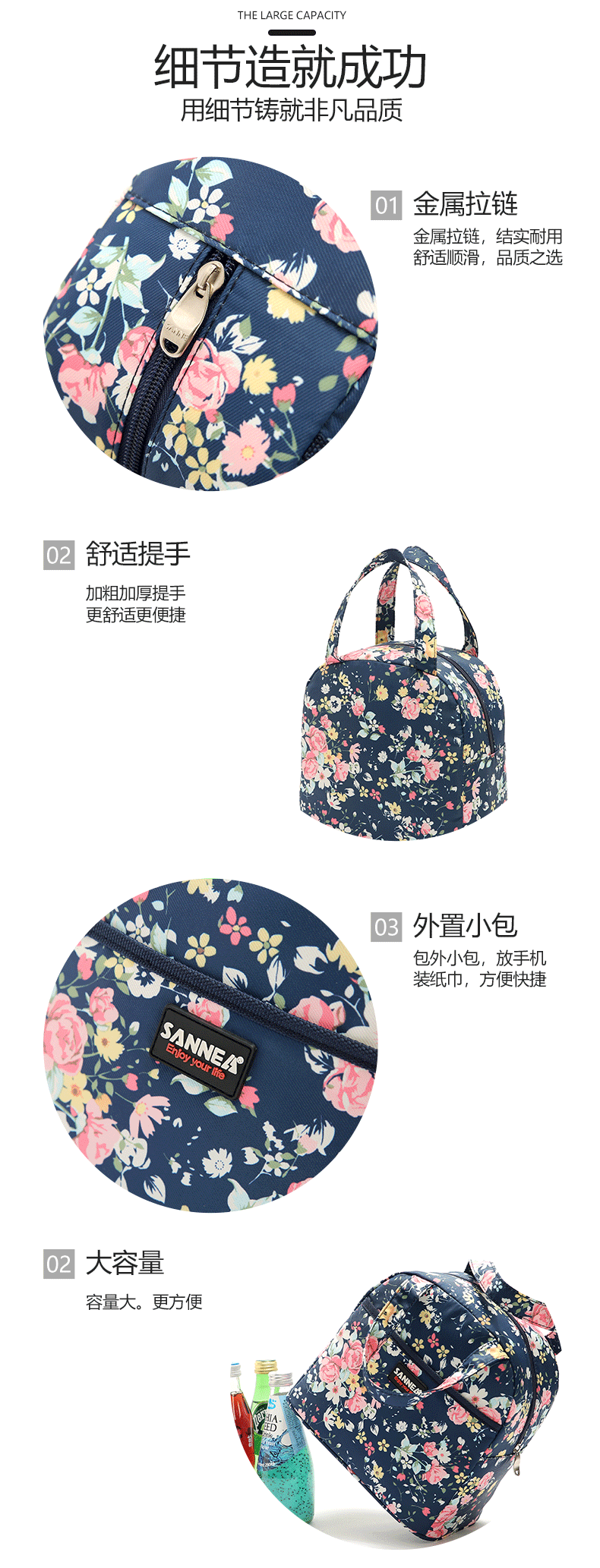 SANNE's new portable insulated lunch box bag, eco-friendly lunch bag, waterproof and fresh-keeping ice bag, outdoor refrigerated meal bag detail image 6