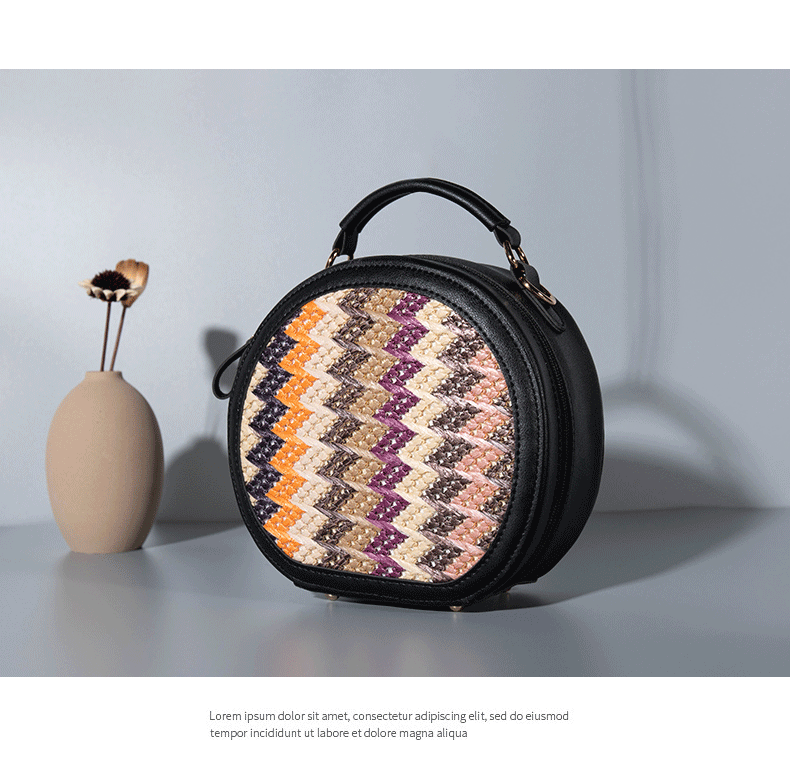 国潮跨境新款PP草编单肩包条纹编织女士斜跨包简约圆包 女包包详情14