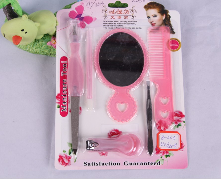 B-203美容工具套 六件套修甲工具 小镜子 梳子 眉夹 指甲挫 指甲剪
