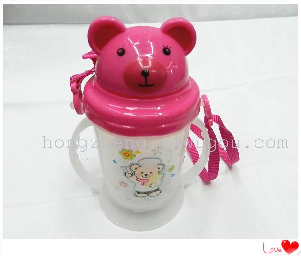 Children's water bottle, cartoon water bottle, plastic water bottle, transparent water bottle, double-handled water bottle with straw, portable water bottle full figure