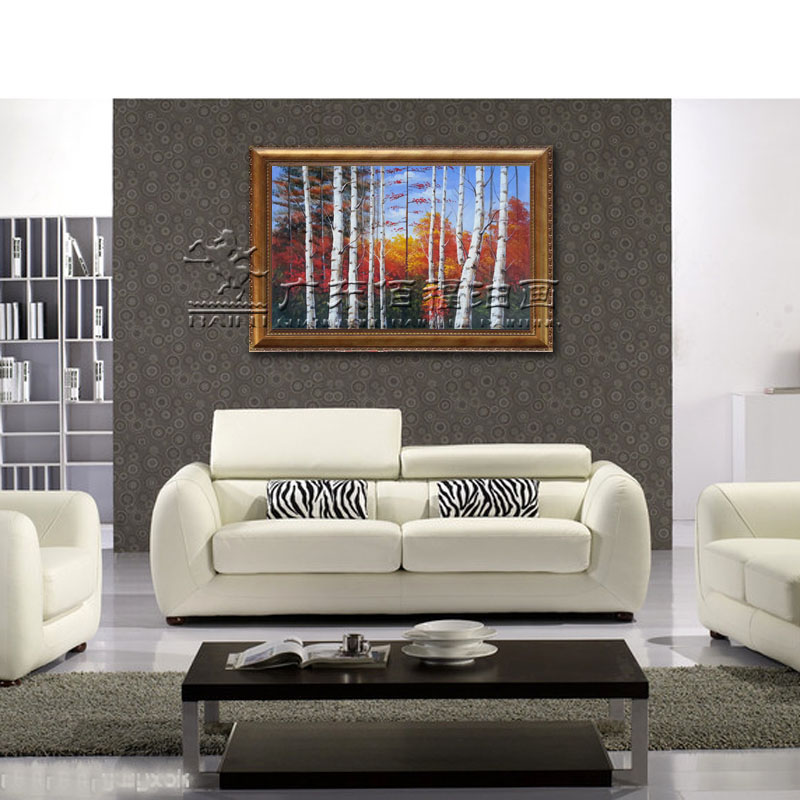 油画 手绘风景油画 白桦林沙发背景油画 房间客厅装饰画细节图