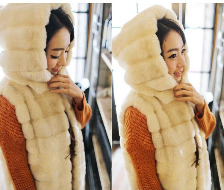 Autumn-Winter Imitation Fur Vest For Women Hooded Vest Korean Version Rex Rabbit Fur Horizontal Pattern New Fur Women's Wear details Picture