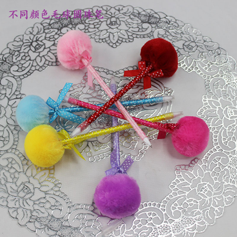 Cute stationery, bow, fluffy ball, ballpoint pen, plush pen, student supplies, prizes details Picture