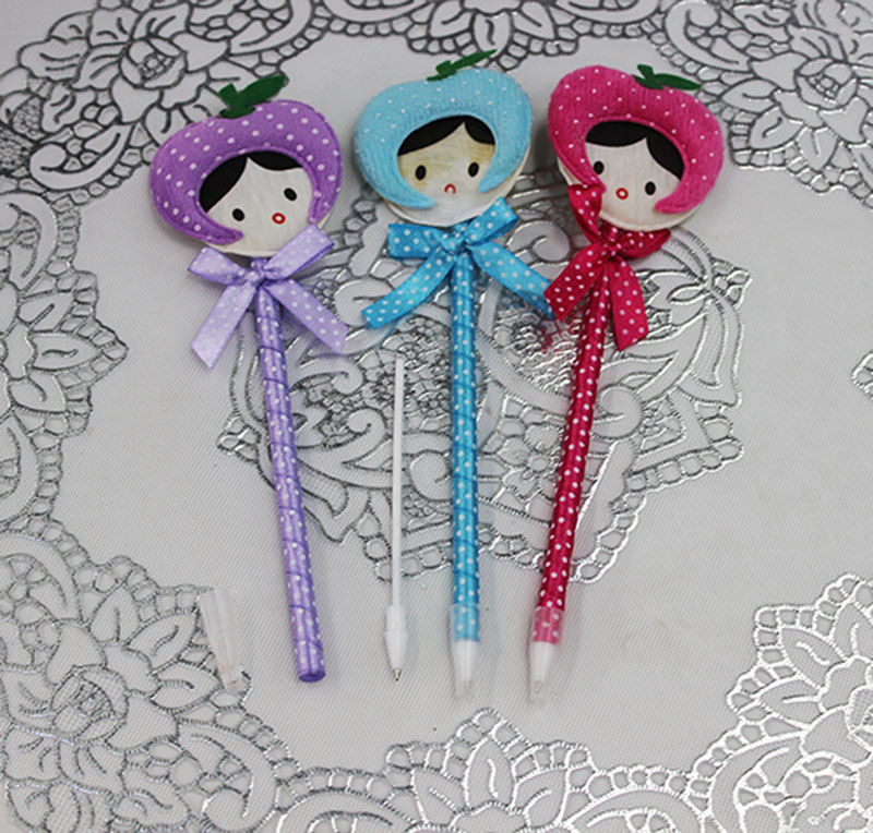 Wholesale of the new Korean version stationery in four colors: cute apple doll ballpoint pen and plush doll pen