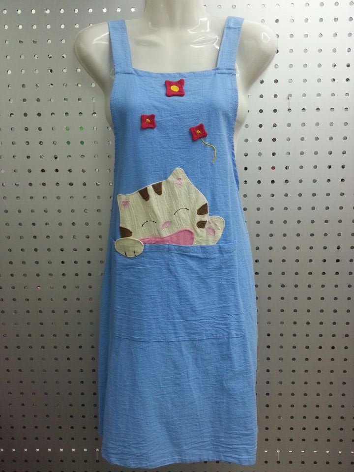 Korean-style crepe cotton anti-stain home cartoon happy cat patch embroidered shoulder strap baking fashion apron details Picture