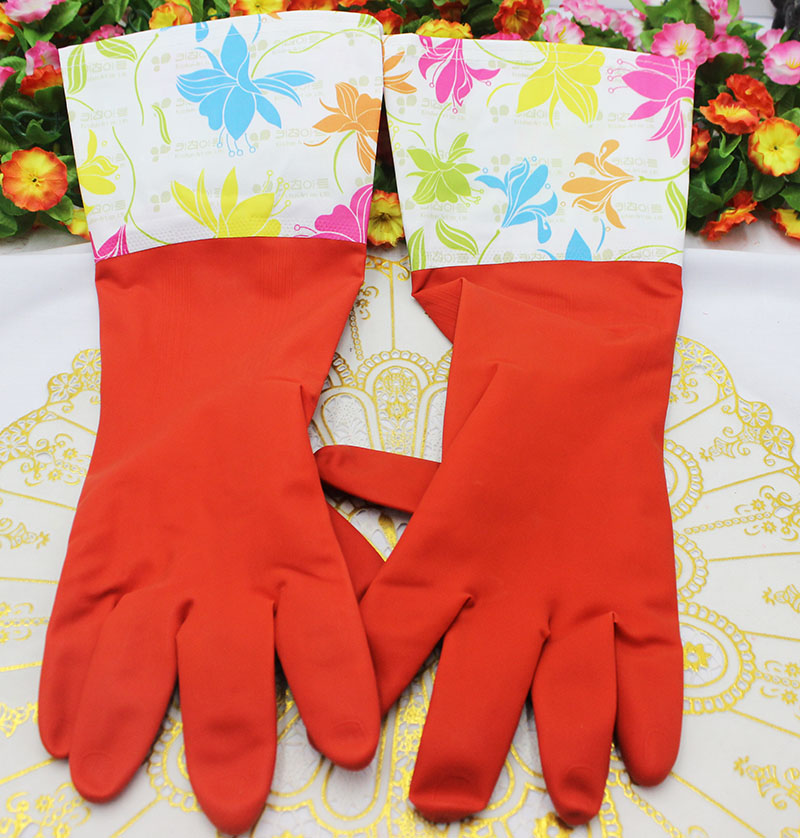 370好帮手保暖乳胶手套 加长直筒口碎花洗碗手套 防水 手套产品图