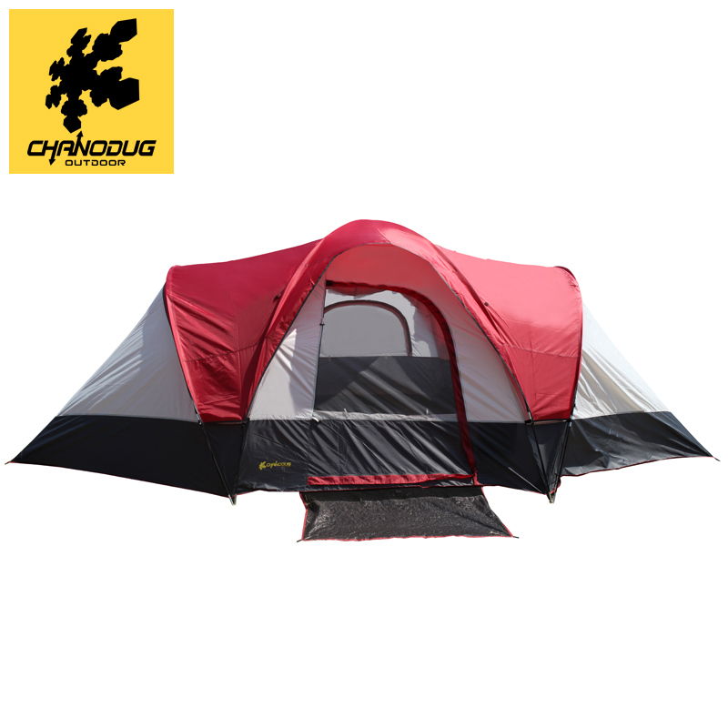 The Xanoduji outdoor camping tent is a double-layer 8-person multi-person tent with glass poles, providing protection against heavy rain and wind