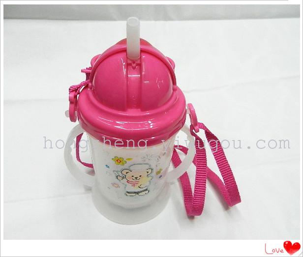 Children's water bottle, cartoon water bottle, plastic water bottle, transparent water bottle, double-handled water bottle with straw, portable water bottle details Picture
