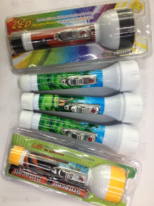 Pocket plastic flashlight, 6 1-card single card, Obama animal building, euro dollar printed, exported to Africa, 2AA battery