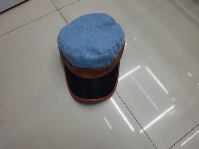 Denim and leather striped military cap