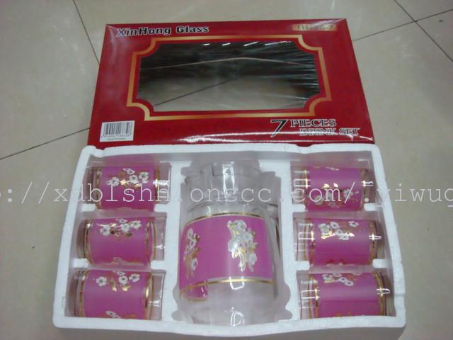 厂家批发玻璃杯6杯1壶7件套印花四色玻璃杯套装玻璃杯水杯