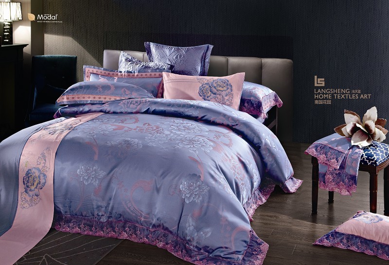 家纺纯棉莫代尔贡缎提花结婚庆床上用品床单被套全棉四件套