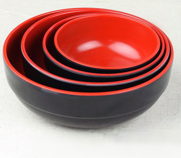 Plastic bowl tableware Rice straight mouth soup bowl Noodle bowl Melamine bowl two-color red black bowl Chopsticks Large bowl small bowl