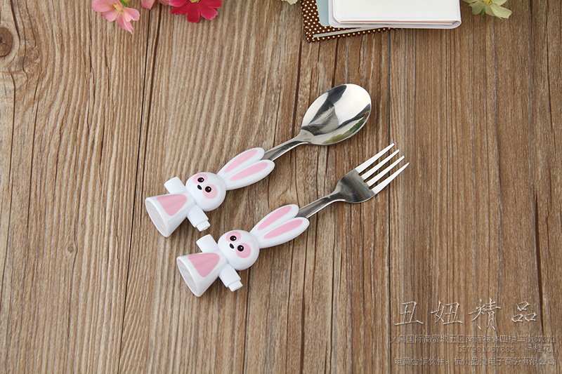 Small white Rabbit handle spoon knife and fork set stainless steel spoon cartoon cutlery set