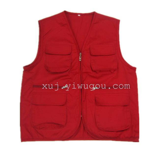 Red multi - pocket terylene vest for men zip vest jacket thumbnail