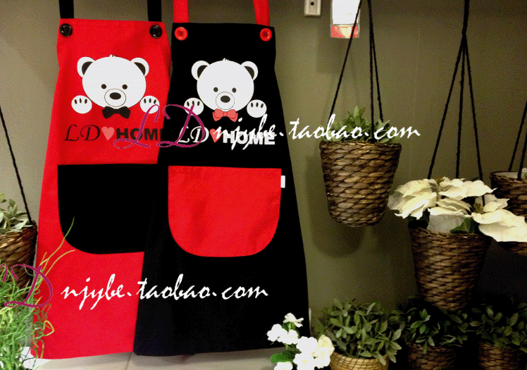 小白熊情侣可爱卡通系带围裙外贸韩版时尚餐厅酒吧店员围裙批发细节图