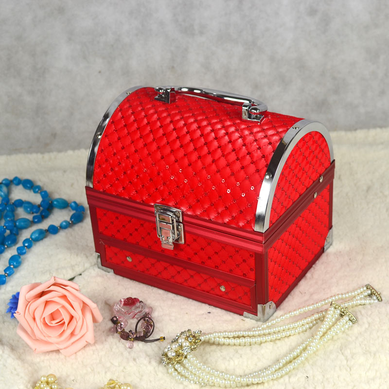 Hot style happy red portable aluminum jewelry box with mirror medium size makeup box with lock