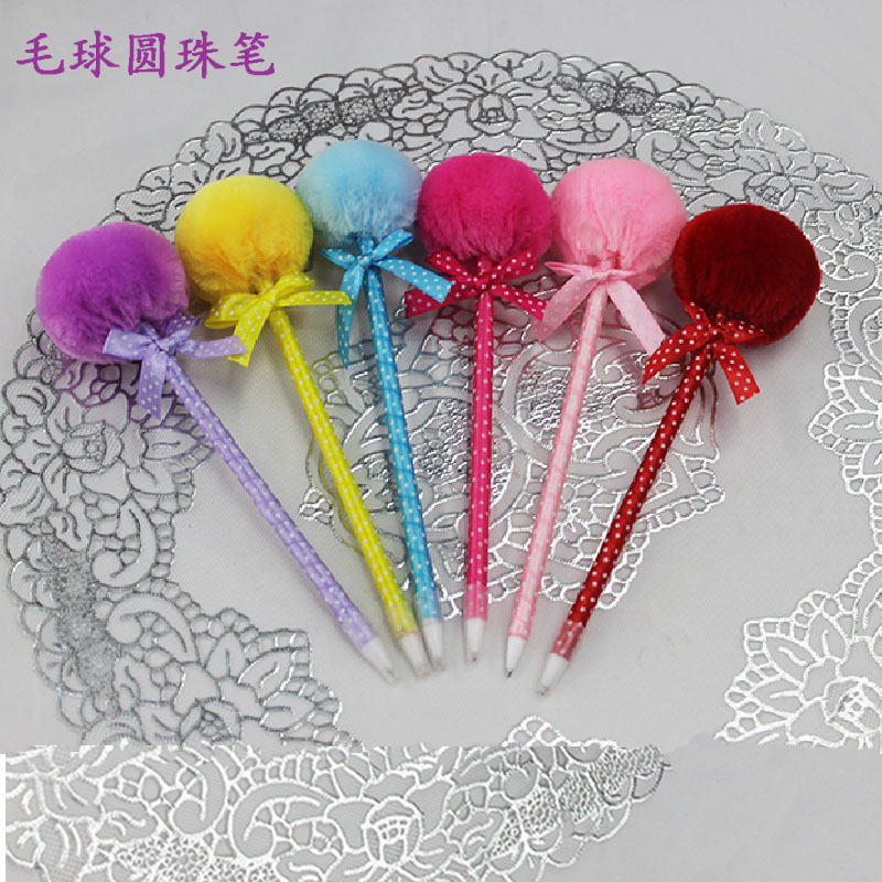可爱文具 蝴蝶结毛毛球圆珠笔 毛绒笔 学生用品 奖品