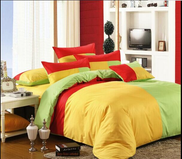 All-cotton active solid color three-color patchwork four-piece set, pure cotton simple and fashionable