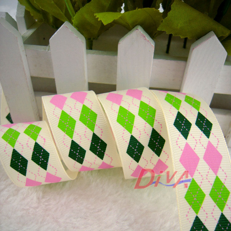 Dia webbing wholesale, colored ribbons, gift packaging ribbons, ribbed ribbons, printed three-color diamond-shaped grids, 8 points, customizable details Picture