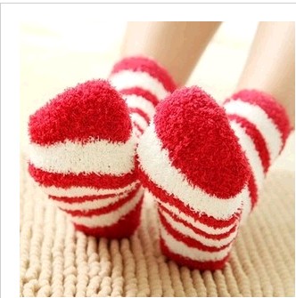 厂家批发毛巾袜 女士条纹半边绒毛巾袜 珊瑚绒毛圈保暖地板袜子产品图
