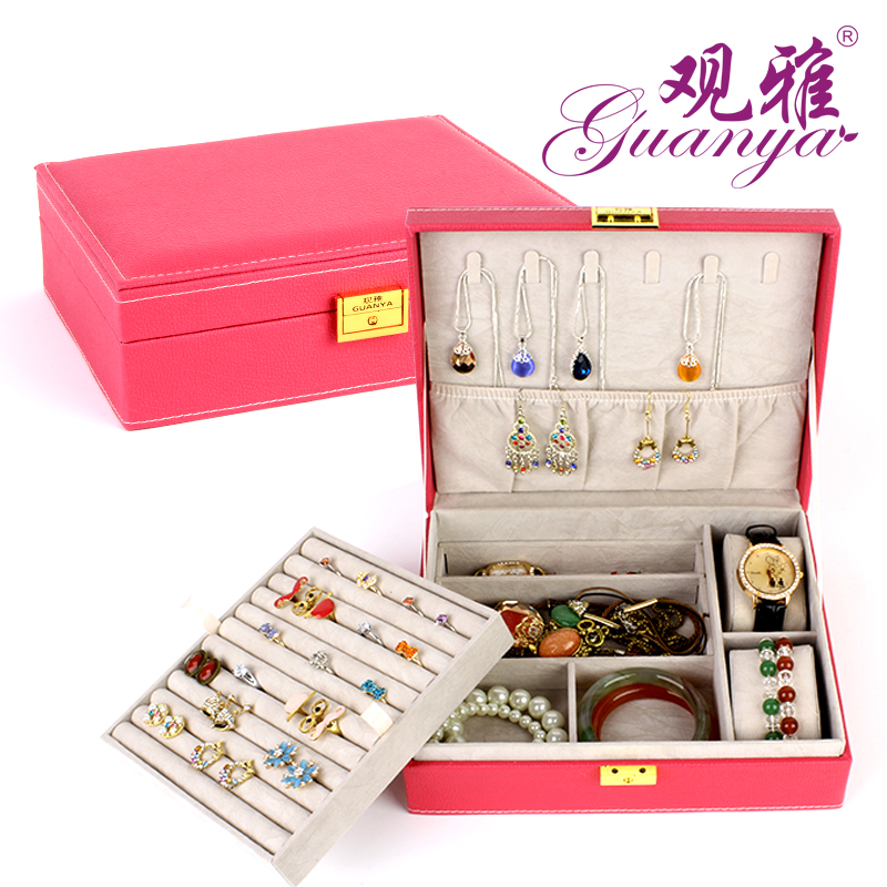 Guanya's new leather ring box, double-layer chestnut pattern jewelry box wholesale double-layer ring box