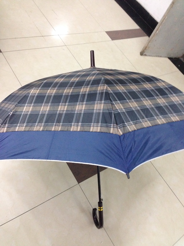 A grid waterproof silver rubber umbrella with a straight pole