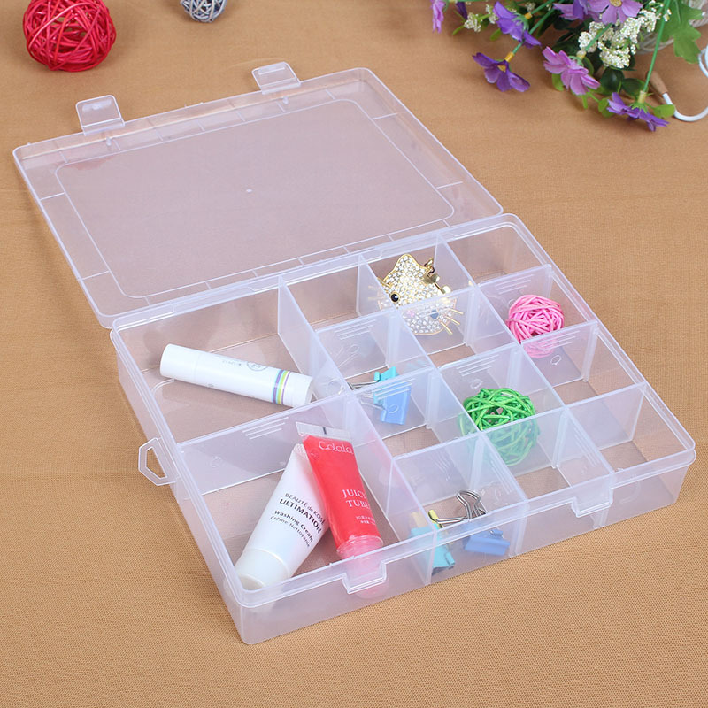 厂家直销透明14格可拆大容量长方塑料盒桌面首饰盒防水多格盒等