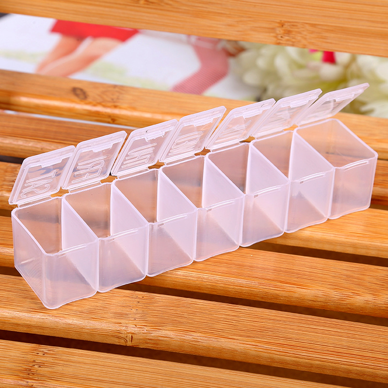 盲文7格药盒批发便携塑料收纳盒西班牙药盒可爱长条一周7天盒