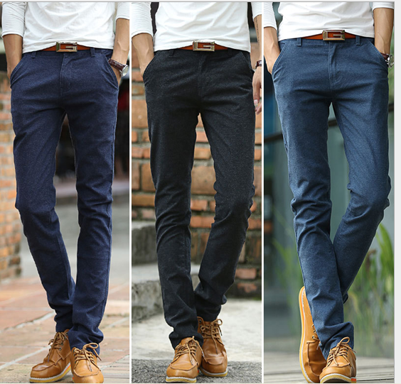Elastic slim-fit casual pants, pencil long pants, trendy Spring and Autumn new brushed skinny jeans for men, slim-fit